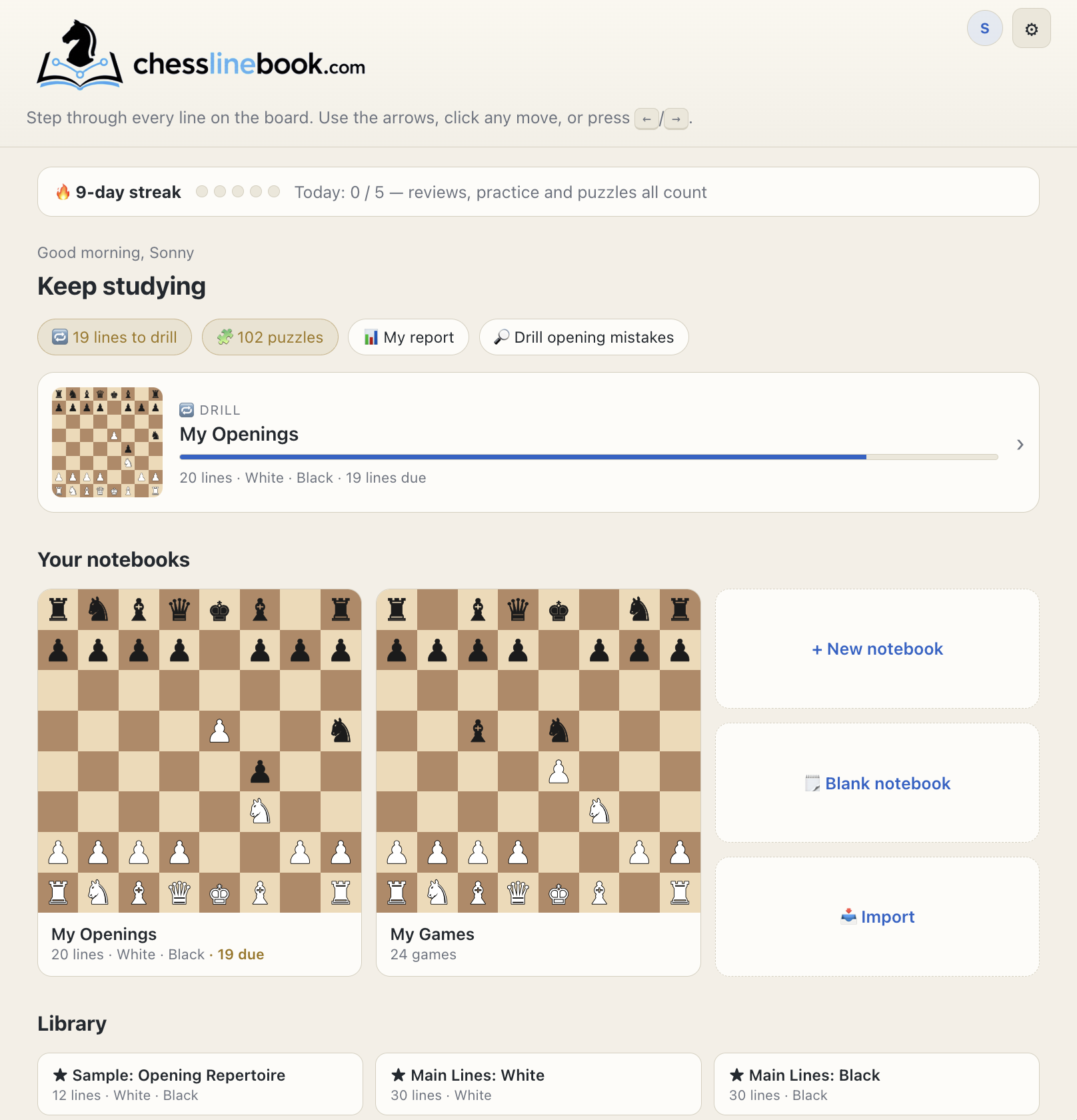 The Chesslinebook home screen — streak, drills due, and your notebooks