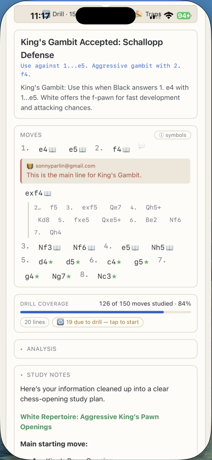A real repertoire line on iPhone — moves, a variation, and a coach's comment