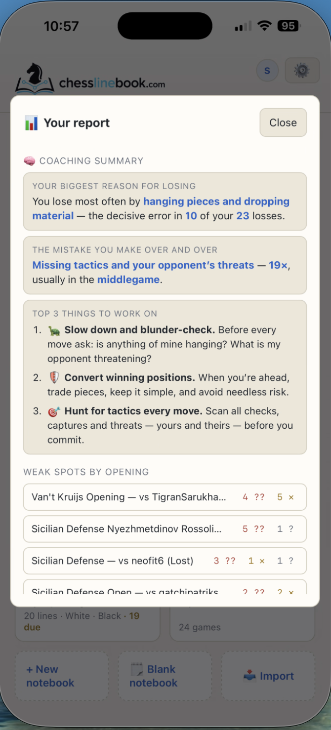 The coaching summary on iPhone — your biggest reason for losing, the mistake you repeat, and the top three fixes