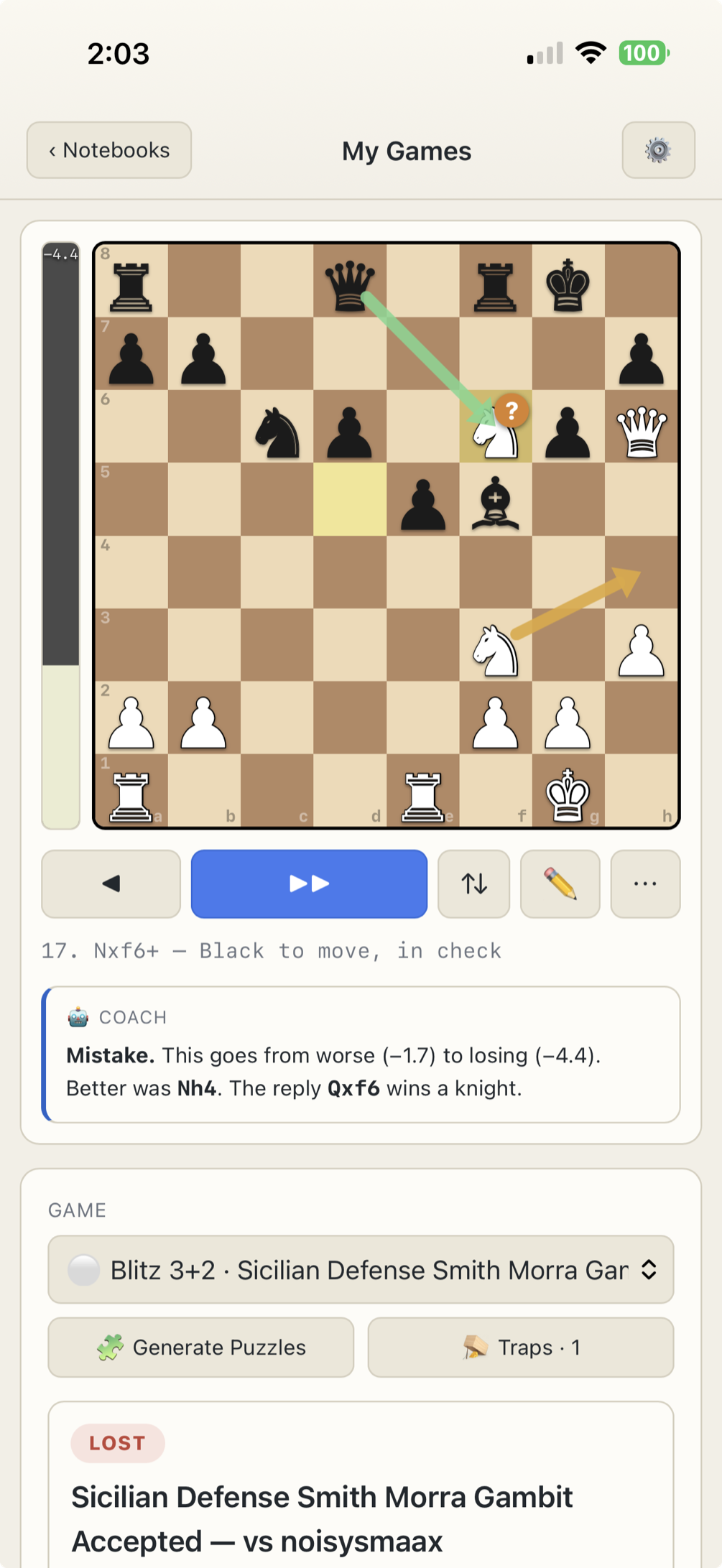 Reviewing a real game on iPhone — the mistake flagged with its eval swing, the better move drawn in amber, and the coach's note